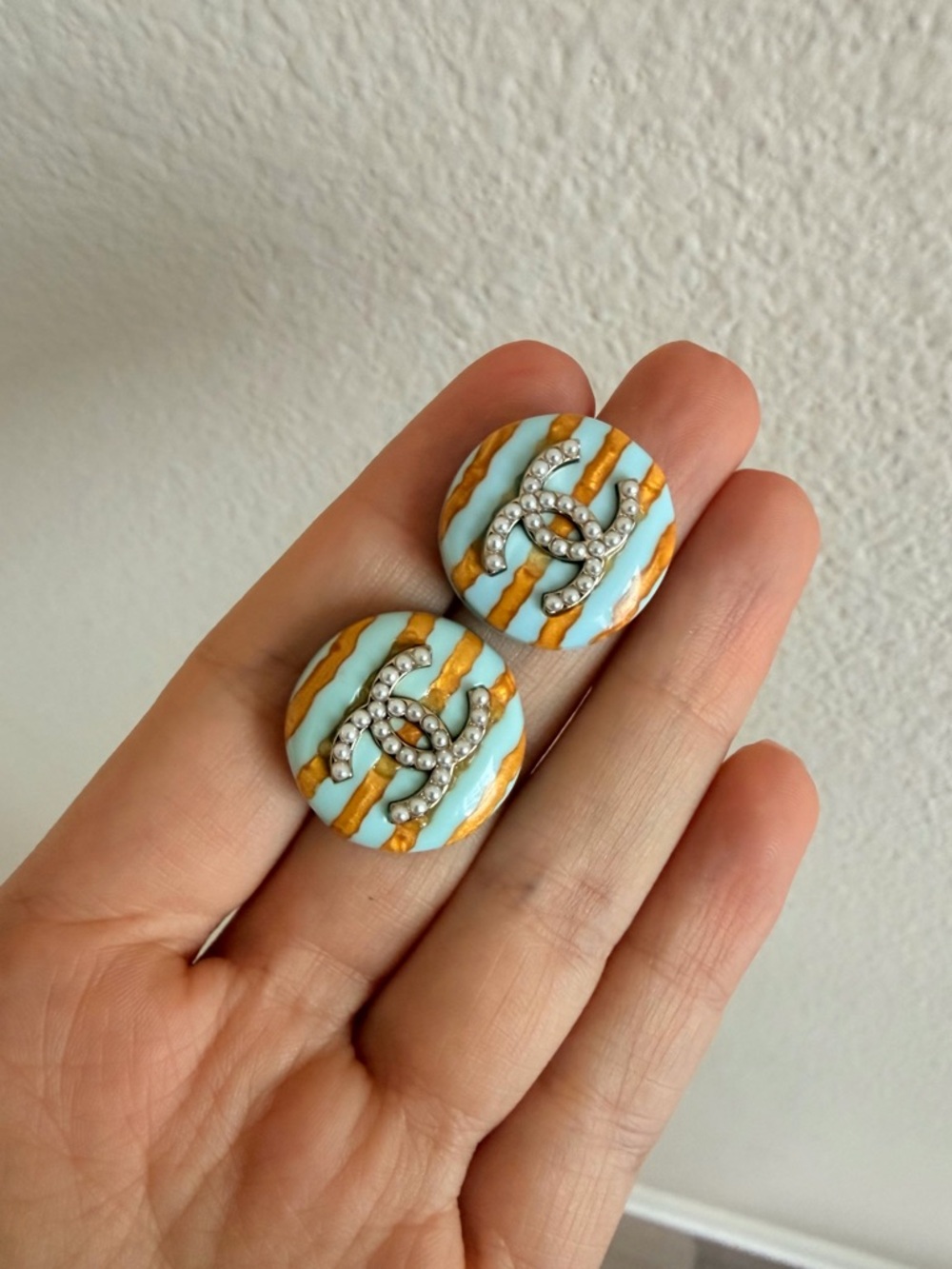 🩵CHANEL Round Striped CC Clip-On Earrings in Light Blue & Gold💛 - Picture 4 of 11